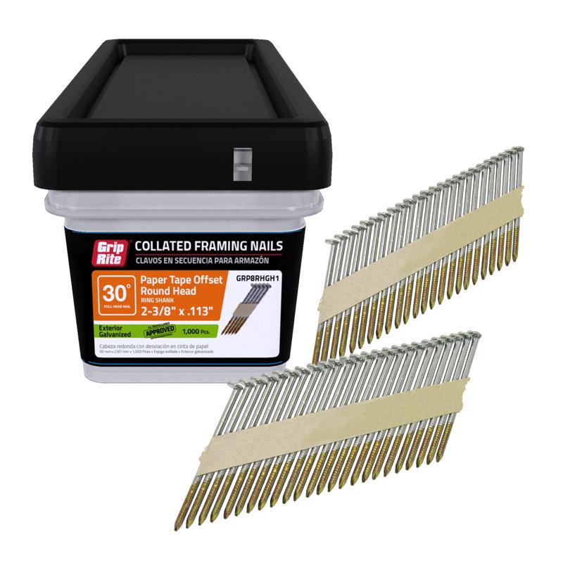 Grip-Rite GRP8RHGH1 2-3/8 in. L X 12 Ga. Angled Strip Hot-Dip Galvanized Framing Nails 30 deg 1000 pk