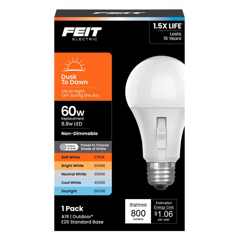 Feit OM60/5CCTDDLEDI A19 E26 (Medium) LED Dusk to Dawn Bulb Adjustable White 60 Watt Equivalence 1 pk
