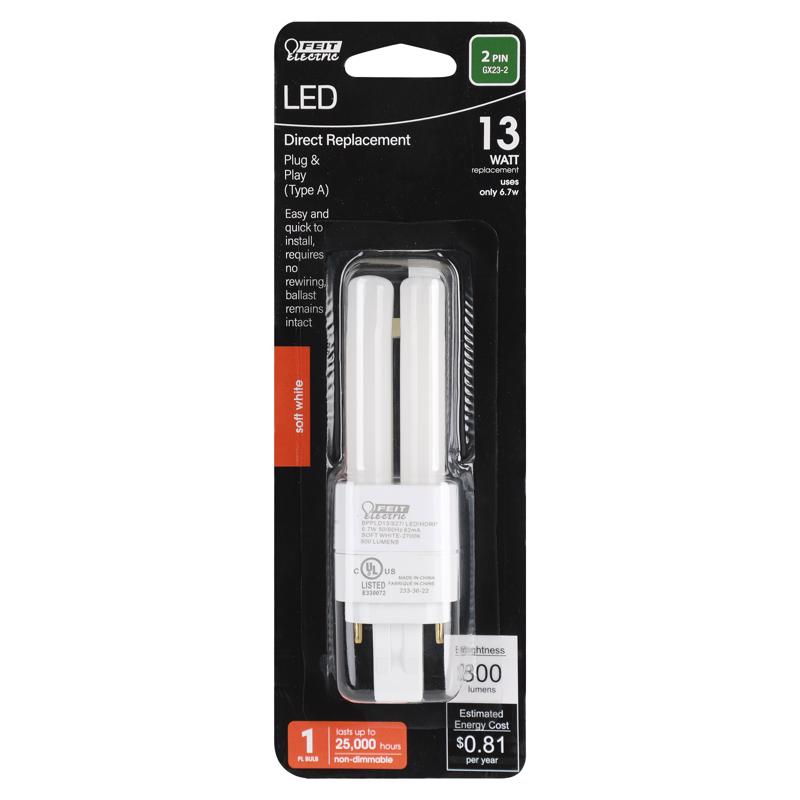 Feit BPPLD13827LDHDR Linear PL GX23-2 LED Tube Light Soft White 13 Watt Equivalence 1 pk