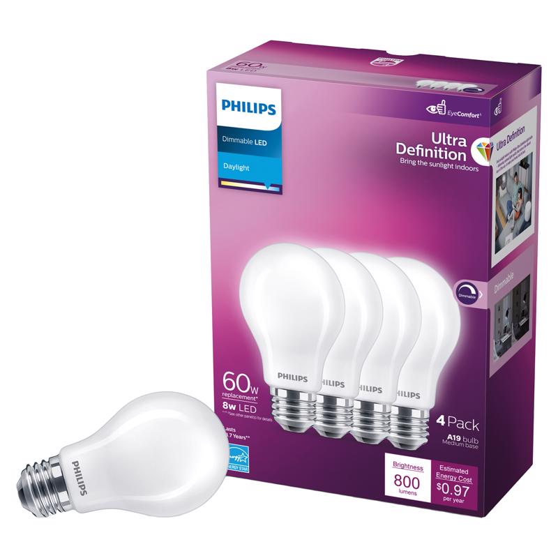 Philips 576132 Ultra Definition A19 E26 (Medium) LED Bulb Daylight 60 Watt Equivalence 4 pk