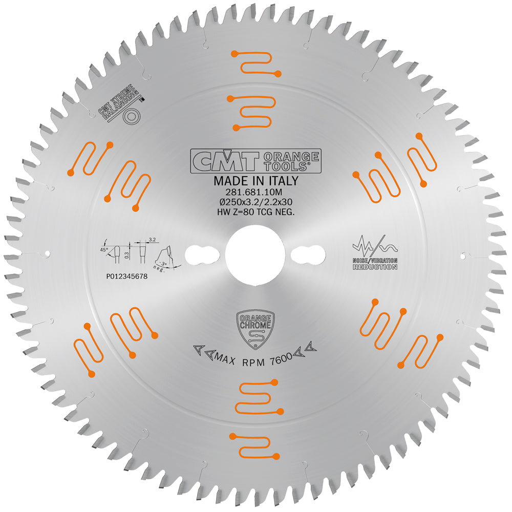 CMT 281.681.10M DOUBLE-SIDED - LAMINATE & MELAMINE 250x30mm T=80 TCG (-3° NEG)
