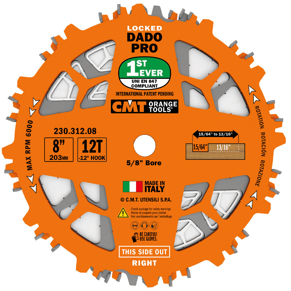 CMT 230.312.08 LOCKED DADO PRO 8’’x15/64” to 13/16”x5/8’’ T=12 FLAT+ATB (-12° NEG)