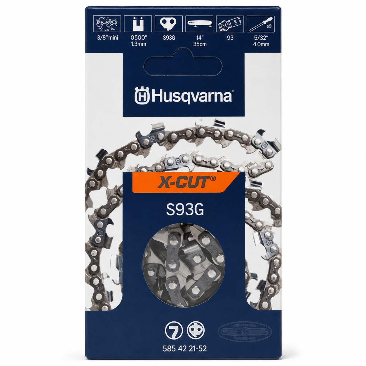 Husqvarna X-Cut S93G-52 14" Chainsaw Chain – 3/8" Mini Pitch, .050" Gauge, 52 Drive Links – 585422152