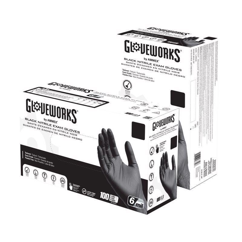 Ammex GWBEN46100 Gloveworks Nitrile Disposable Exam Gloves Large Black Powder Free 100 pc