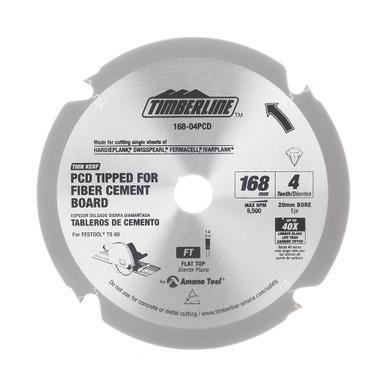 Timberline 168-04PCD Polycrystalline Diamond (PCD) Tipped 168mm D x 4T x FT, 12 Deg, 20mm Bore, Circular Saw Blade for Fiber Cement Board
