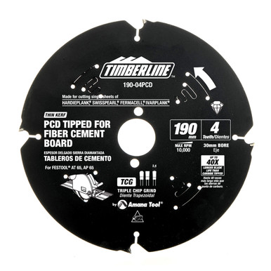 Timberline 190-04PCD Polycrystalline Diamond (PCD) Tipped 190mm D x 4T x TCG, 12 Deg, 30mm Bore, Circular Saw Blade for Fiber Cement Board