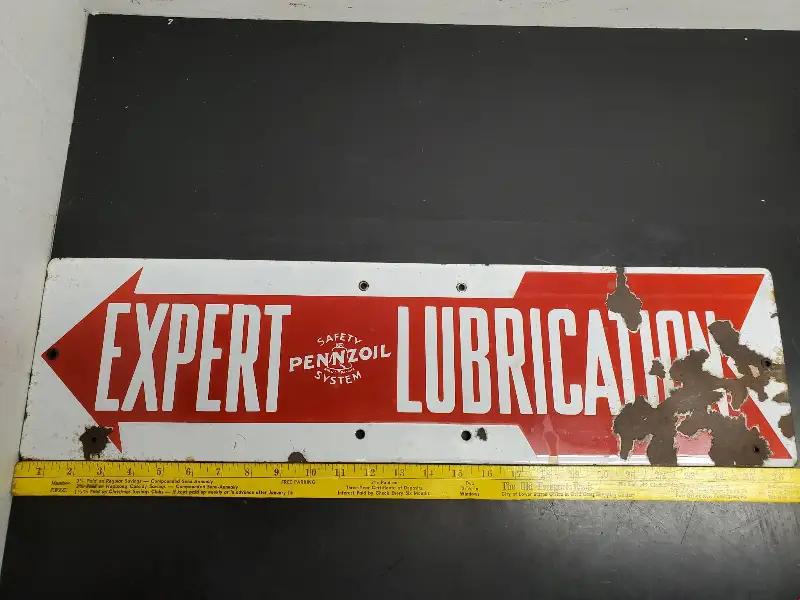 Vtg Porcelain Pennzoil Arrow Sign: “EXPERT LUBRICATION, SAFETY SYSTEM” Rare