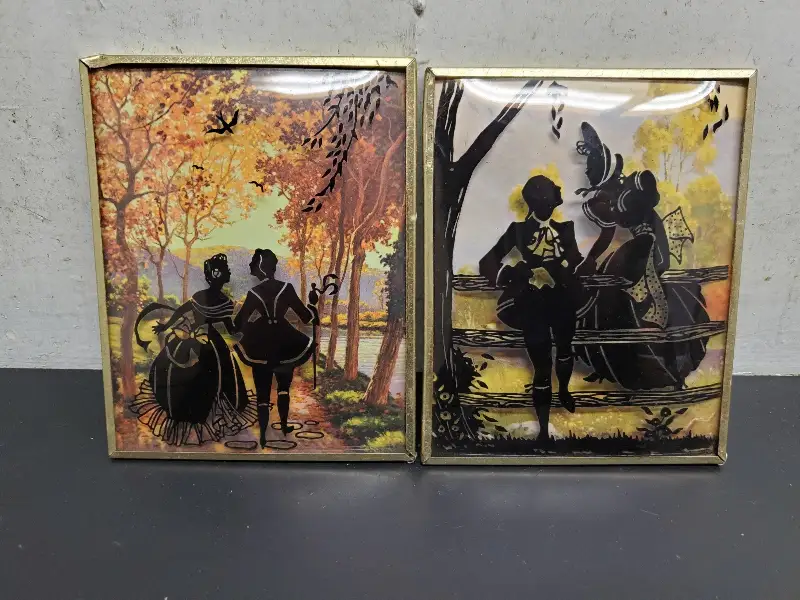 Vtg Reverse Paint Curved Glass Pr Silhouette Courting Wall Framed Pictures 40’s