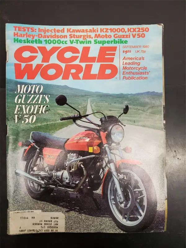 Vtg Sept. 1980 Cycle World Magazine Moto Guzzi Exotic V50 & Harley FXB80 + Test