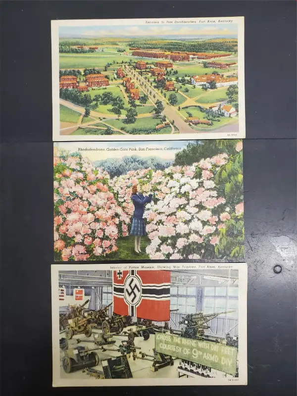 Vtg Post Cards San Fran & Patton Museum KY W/ John Adams USPS 2 Cent Stamp on 2