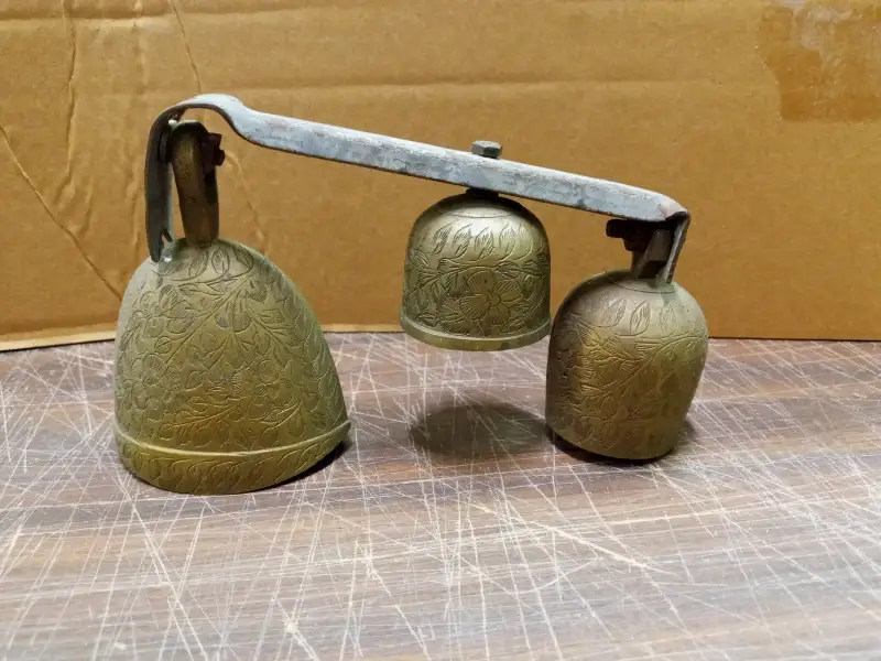 Vtg Three Brass Flowered Leaves Etched Bells W Steel Mount Doorbells Decorations
