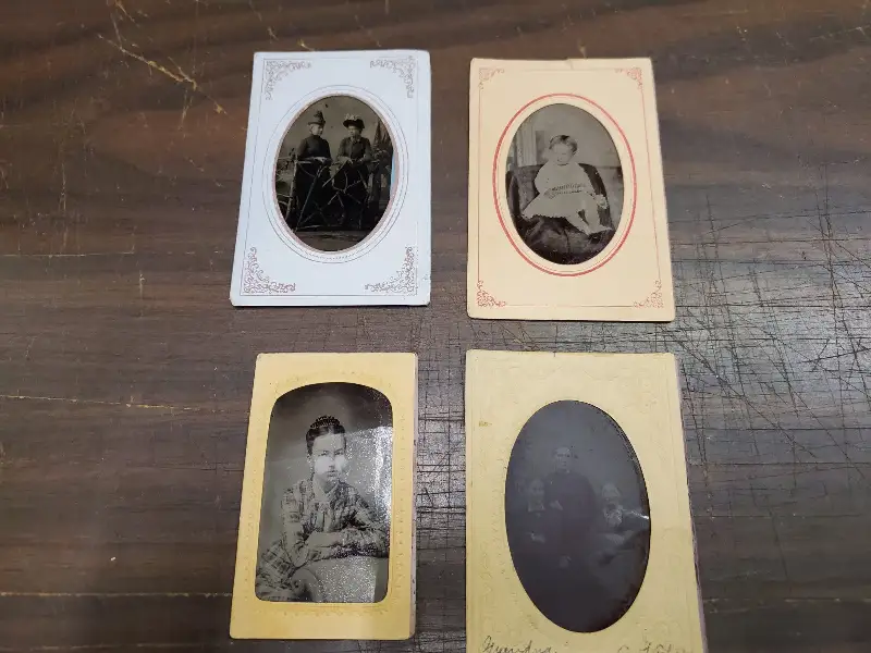 Vtg Tin Type Photos Woman & Children W/ Papier Mache Sleeves Lies Art Studio Etc
