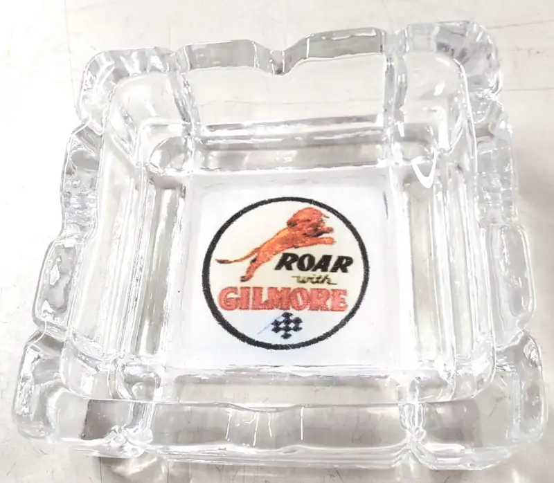 VTG Roar With Gilmore 4 1/8″ x 4 1/8″ Square Glass Ashtray Gas Oil Ad Tobacciana