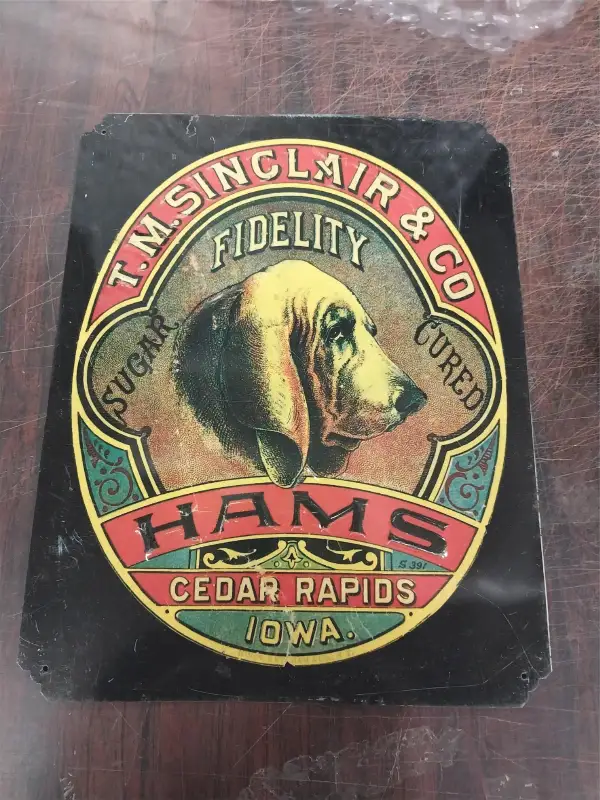Vtg T.M. Sinclair & Co. Fidelity Sugar cured Ham tin Advertis sign 13 1/2″ x 17″