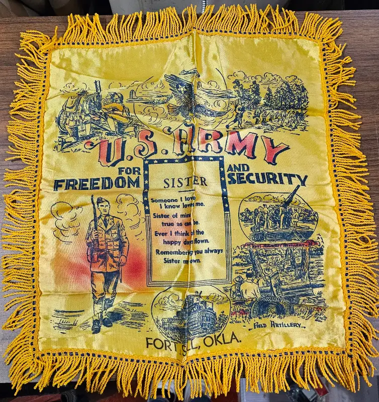 VTG U.S. Army Fort Sill Oklahoma Silk “Sister” Pillow Cover Fringe Yellow WWII