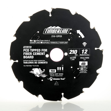 Timberline 210-12PCD Polycrystalline Diamond (PCD) Tipped 210mm D x 12T x TCG, 12 Deg, 30mm Bore, Circular Saw Blade for Fiber Cement Board
