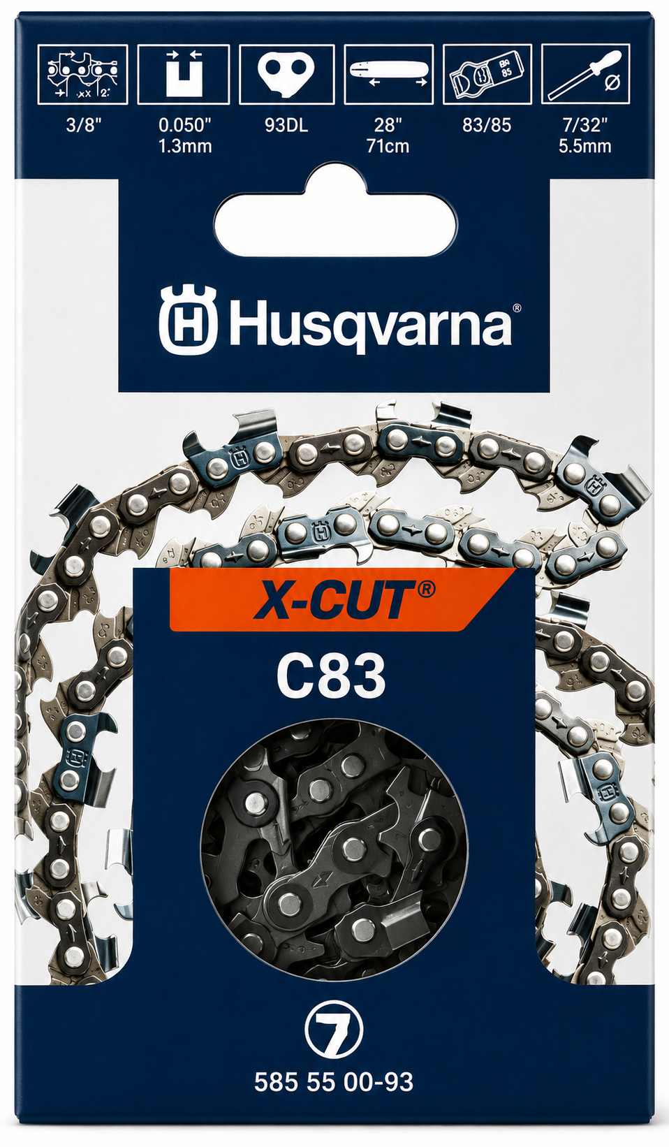 Husqvarna X-CUT C83-93 28" Professional Chainsaw Chain – 3/8" Pitch, .050" Gauge, 93 Drive Links – Full Chisel 585550093