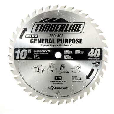 Timberline 250-402 Carbide Tipped Thin Kerf General Purpose 10 Inch D x 40T H-ATB, 18 Deg, 5/8 Bore, Circular Saw Blade