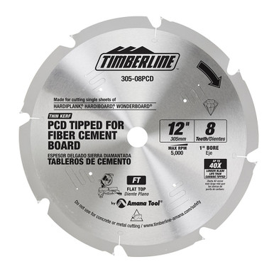 Timberline 305-08PCD Polycrystalline Diamond (PCD) Tipped 12 D x 8T x FT, 0 Deg, 1 Inch Bore, Circular Saw Blade for Fiber Cement Board