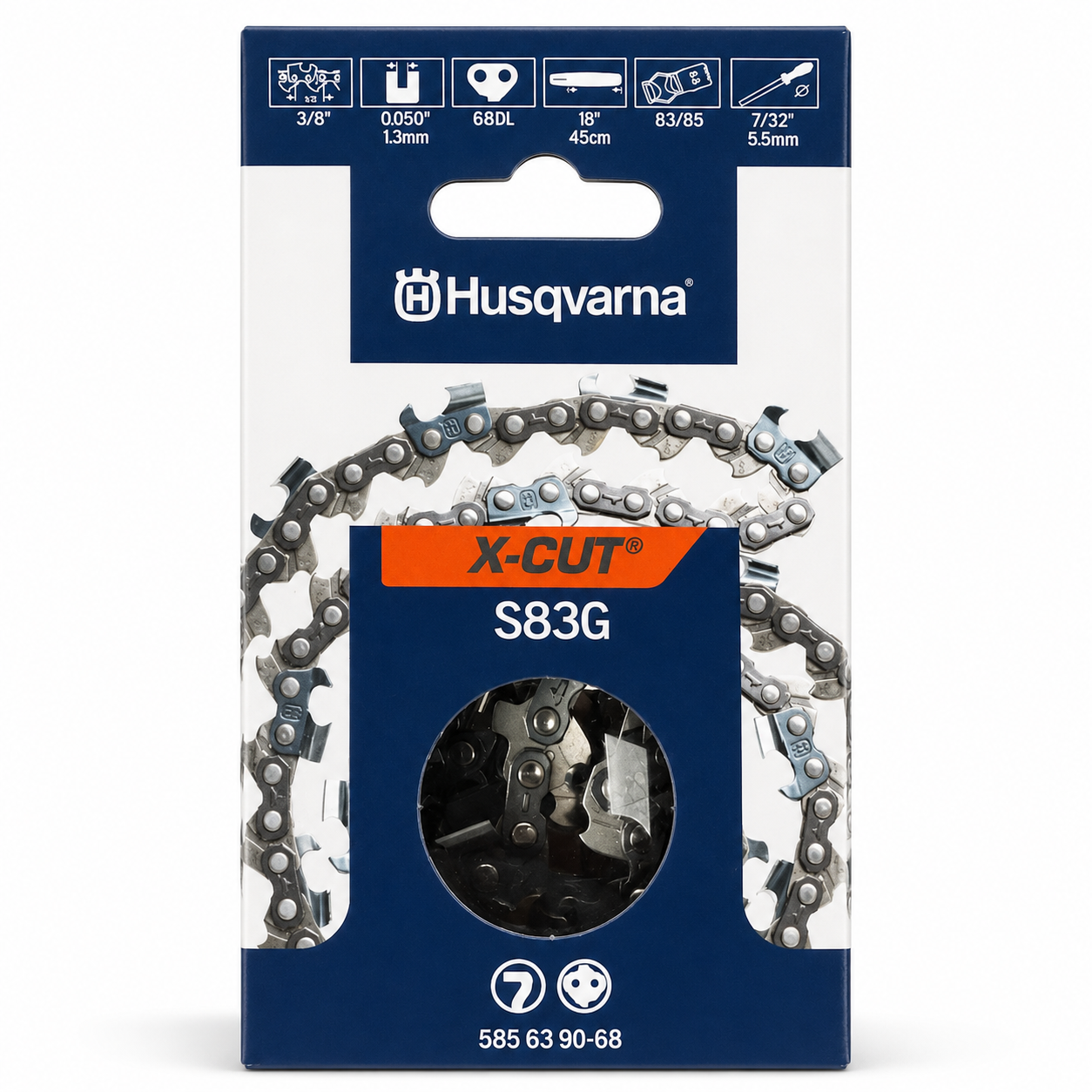 Husqvarna X-CUT C83-68 18" Professional Chainsaw Chain – 3/8" Pitch, .050" Gauge, 68 Drive Links – Full Chisel 585550068