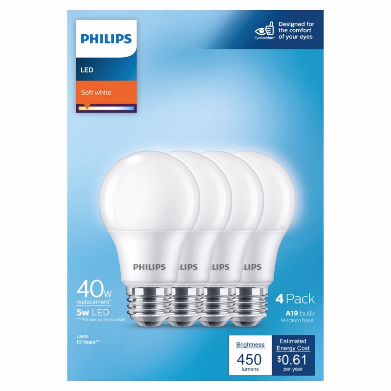 Philips 575829 A19 E26 (Medium) LED Bulb Soft White 40 Watt Equivalence 4 pk