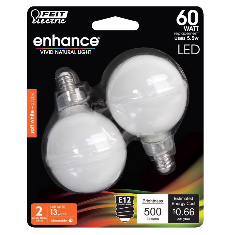 FEIT BPG1660W927CAF2 G16.5 E12 (Candelabra) LED Bulb Soft White 60 Watt Equivalence 2 pk