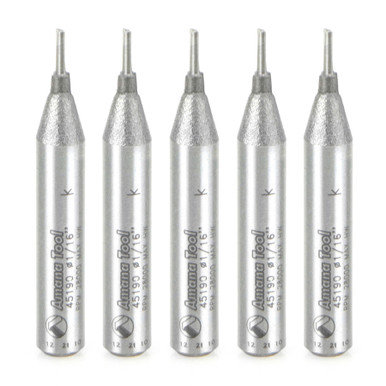 Amana Tool 45190-5, 5-Pack Solid Carbide Cutting Edge Straight Plunge High Production 1/16 D x 3/16 CH x 1/4 SHK x 1-5/8 Inch Long Router Bits