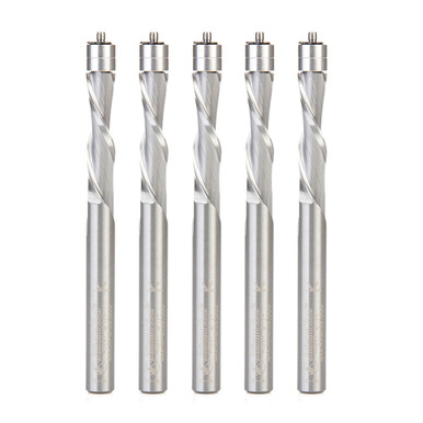 Amana Tool 46297-5, 5-Pack Solid Carbide UltraTrim Spiral Trim 1/4 D x 1 CH x 1/4 SHK x 3 Inch Long w/ Double BB Down-Cut Router Bits