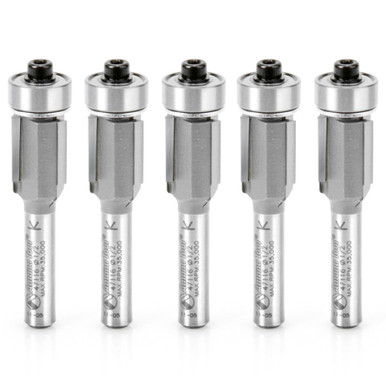 Amana Tool 47116-5, 5-Pack Carbide Tipped Flush Trim 1/2 D x 1/2 CH x 1/4 Inch SHK w/ Lower Ball Bearing 3-Flute Router Bits