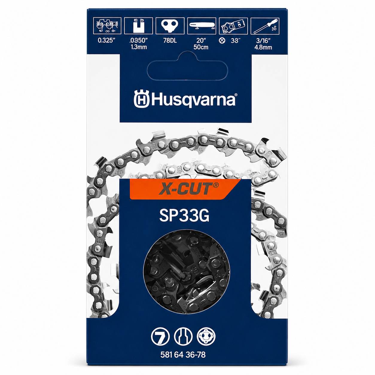 Husqvarna X-Cut SP33G-78 20" Chainsaw Chain – .325" PIXEL Pitch, .050" Gauge, 78 Drive Links 581643678