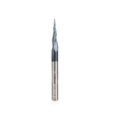 Amana Tool 59440 CNC Solid Carbide 2D and 3D Carving 1/64 R x 6.2 Deg Tapered Angle Ball Nose with AlTiN Coating for Steel, Stainless Steel & Composites 1/32 D x 1 CH x 1/4 SHK x 3 Inch Long x 3 Flute Up-Cut End Mill / Router Bit