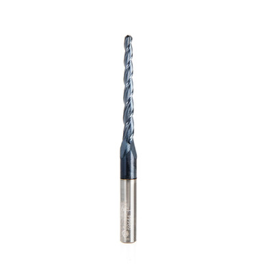 Amana Tool 59444 CNC Solid Carbide 2D and 3D Carving 1/16 R x 1 Deg Tapered Angle Ball Nose with AlTiN Coating for Steel, Stainless Steel & Composites 1/8 D x 1-1/2 CH x 1/4 SHK x 3 Inch Long x 3 Flute Up-Cut End Mill / Router Bit