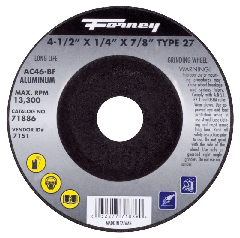 Forney 71886 4-1/2 in. D X 7/8 in. in. X 1/4 in. thick Metal Grinding Wheel 1 pc