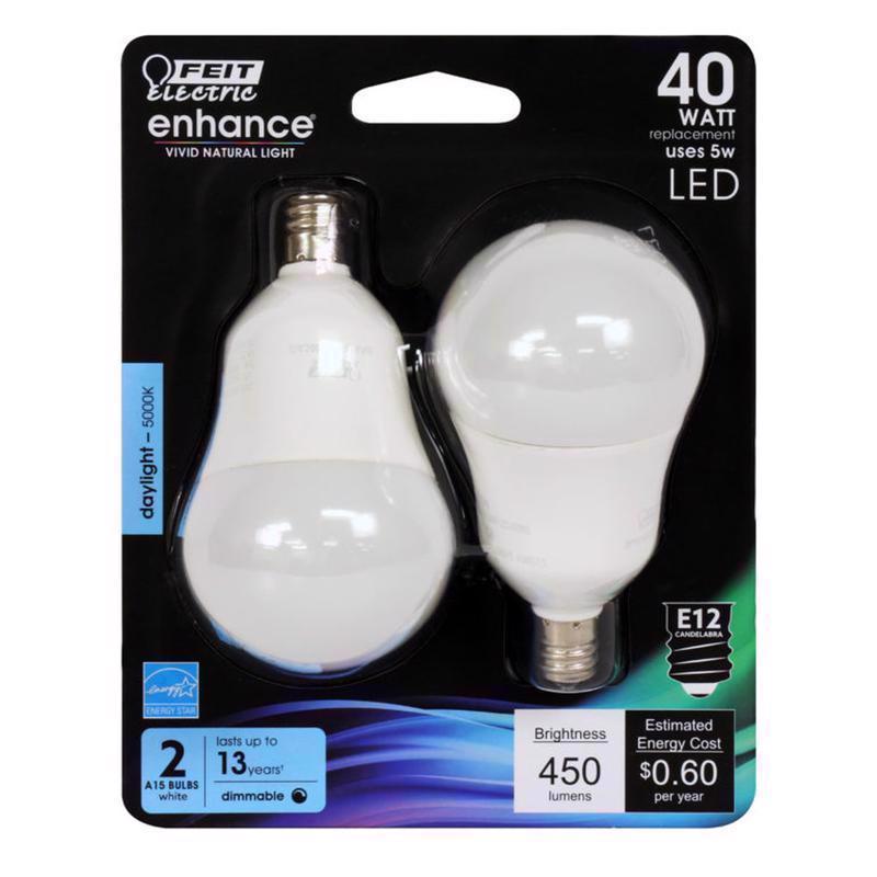 Feit BPA1540C950CA2 Enhance A15 E12 (Candelabra) LED Bulb Daylight 40 Watt Equivalence 2 pk