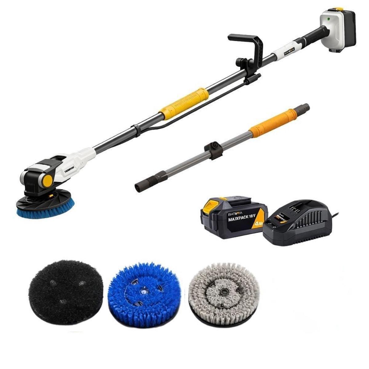 18V Twin Brush – Cordless Brushless Power Scrubber – Incl. 4.0Ah Battery & Fast Charger + 3 Brushes and Extension Pole