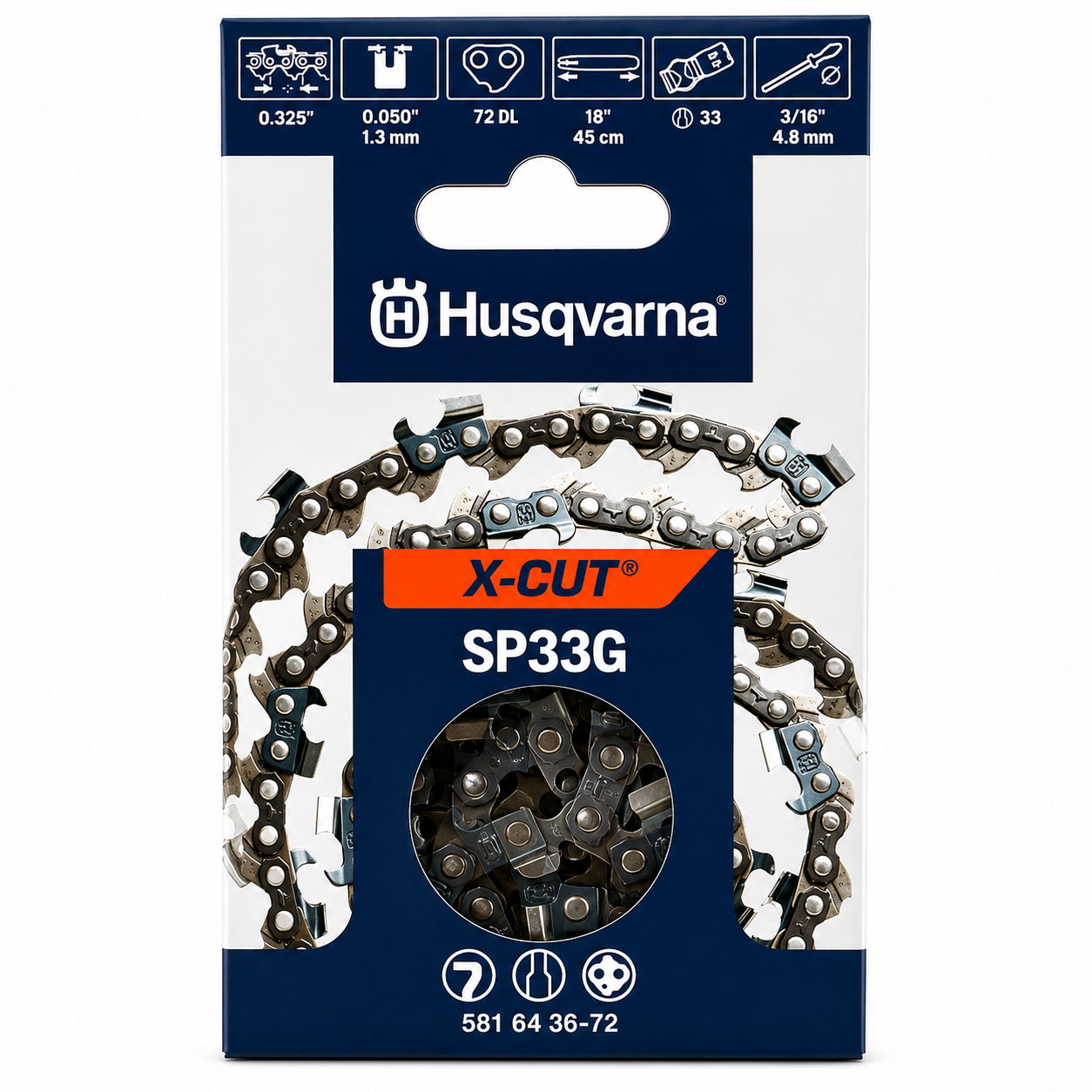 Husqvarna X-Cut SP33G-72 18" Chainsaw Chain – .325" PIXEL Pitch, .050" Gauge, 72 Drive Links 581643672