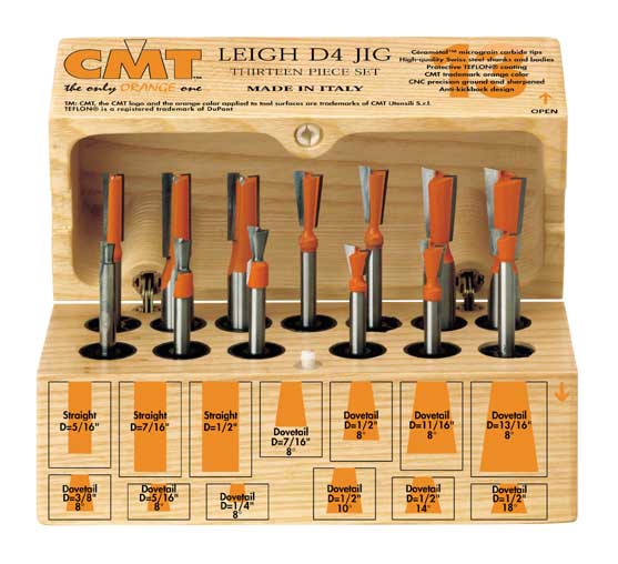 CMT 13-Piece Dovetail & Straight Bit Set for LEIGH D4 JIG, 1/2" & 1/4" shanks 800.519.11