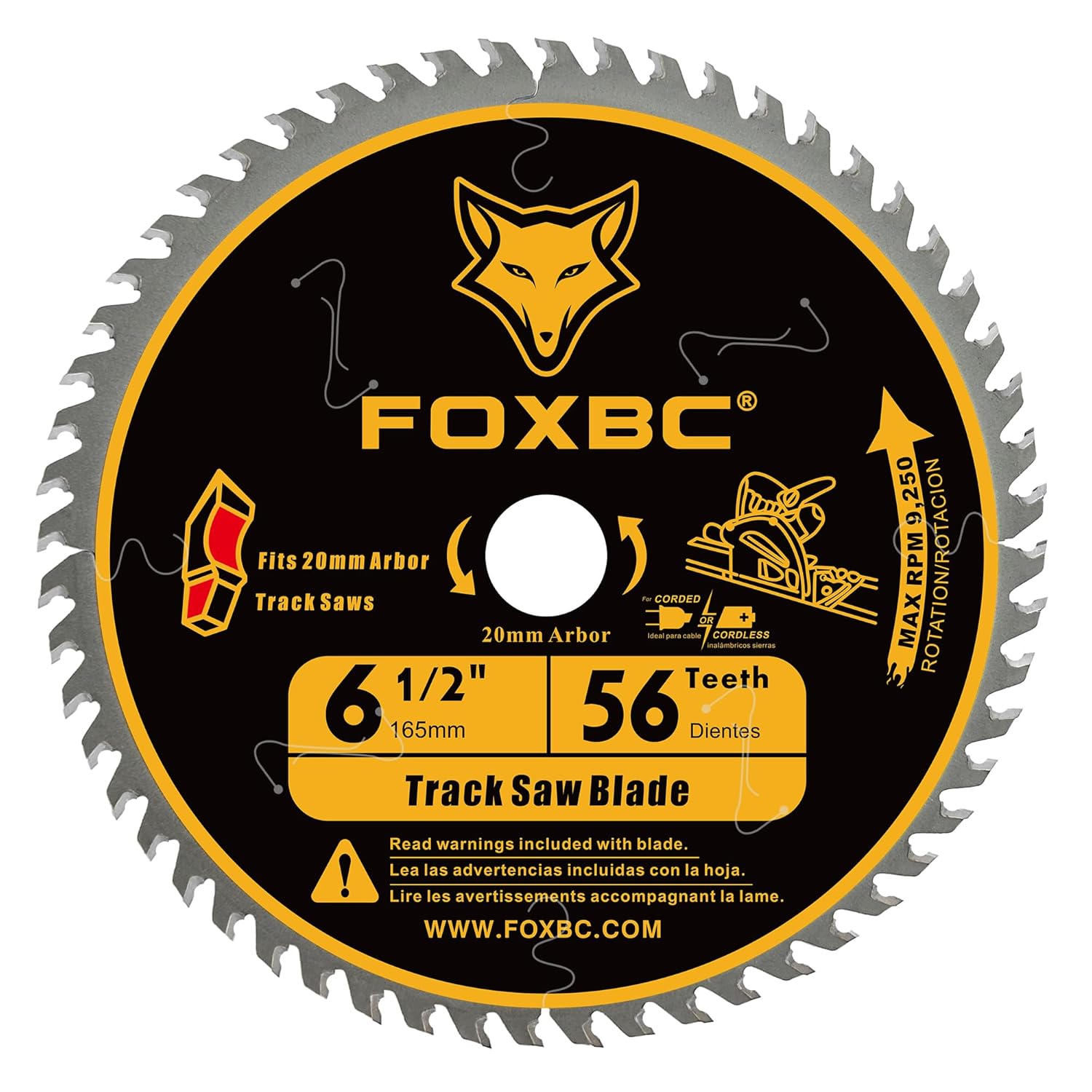 FOXBC 6-1/2 Inch Track Saw Blade 20mm Arbor 56T for Makita Plunge Saw Blade, DeWalt Track Saw, Wood Cutting, 165mm, Kerf 1.8mm