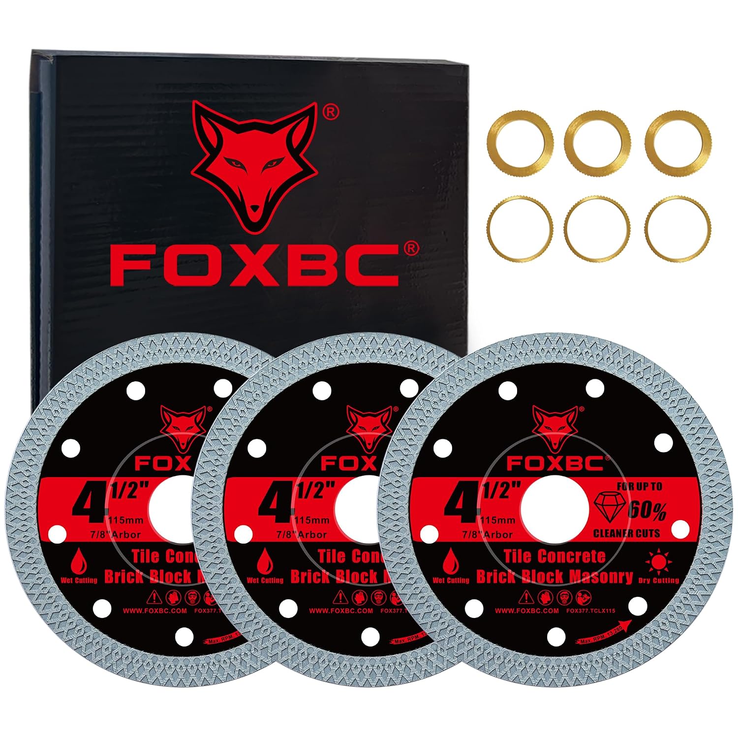 FOXBC 4-1/2 Inch Diamond Tile & Masonry Cut-Off Disc, 7/8" Arbor, 3 Pack
