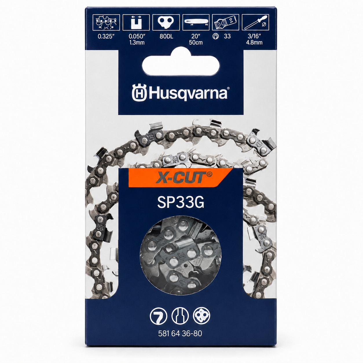 Husqvarna X-Cut SP33G-80 20" Chainsaw Chain – .325" PIXEL Pitch, .050" Gauge, 80 Drive Links 581643680