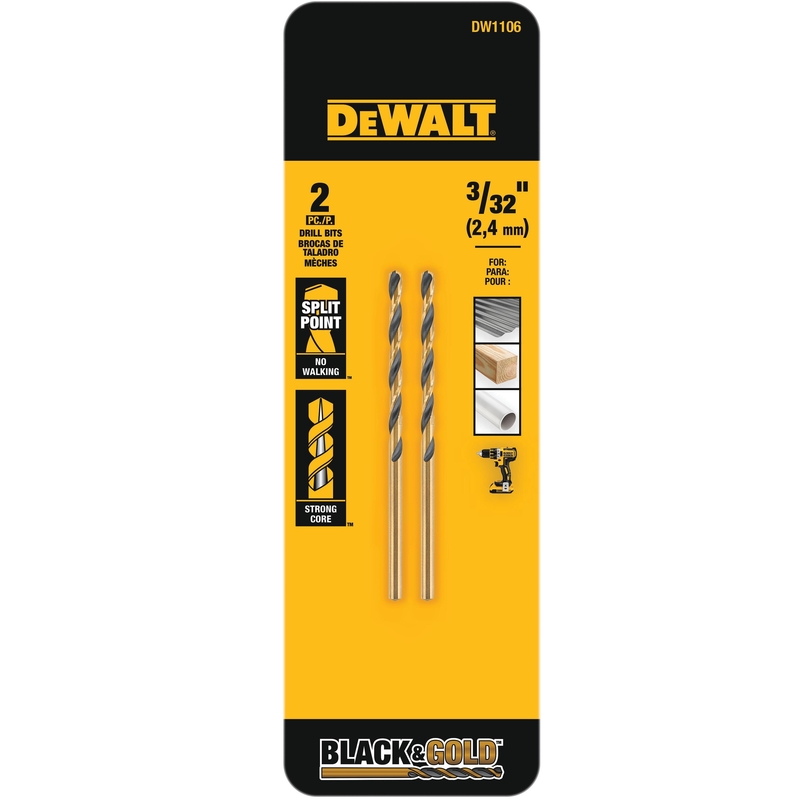 Dewalt DW1106 Black & Gold 3/32 in. X 2-1/4 in. L High Speed Steel Split Point Drill Bit Round Shank 2 pc