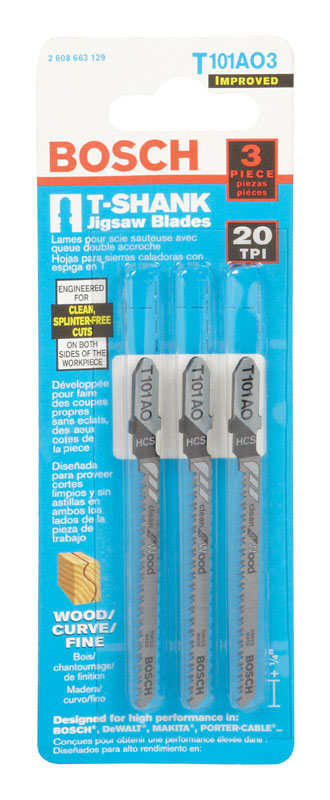 Bosch T101AO3 3 in. Metal T-Shank Pointed teeth and ground Jig Saw Blade 20 TPI 3 pk