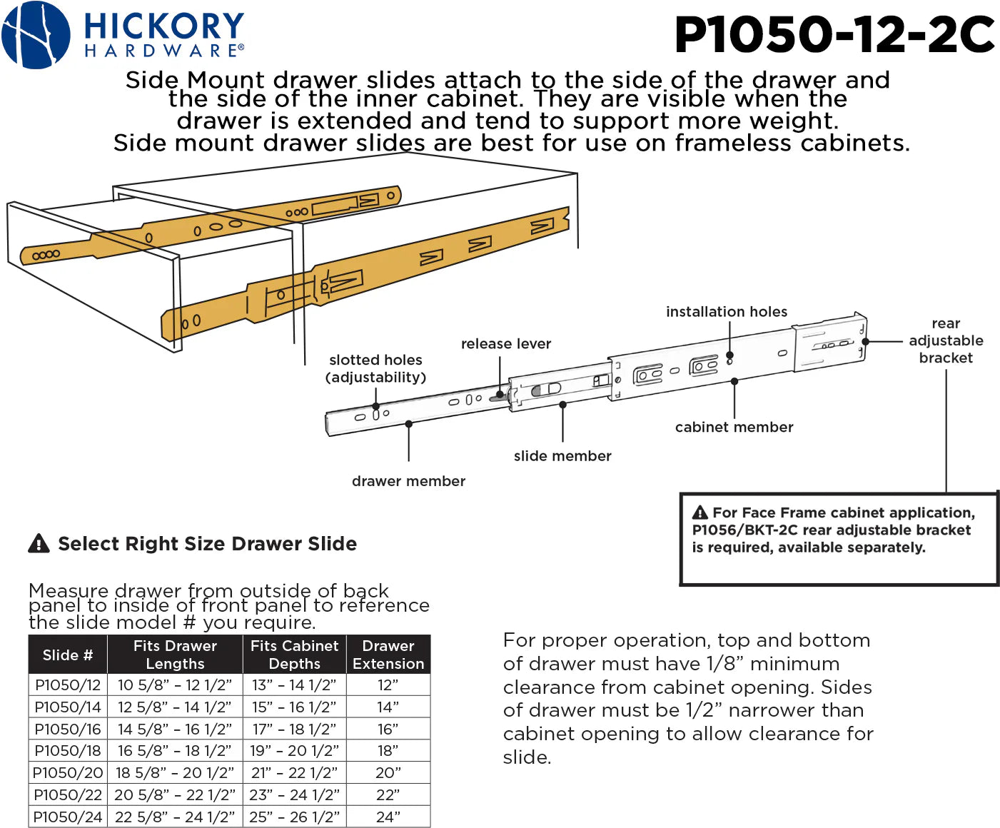 Drawer Slide Side Mount Full Extension 12'' Cadmium Finish P1050/12-2C