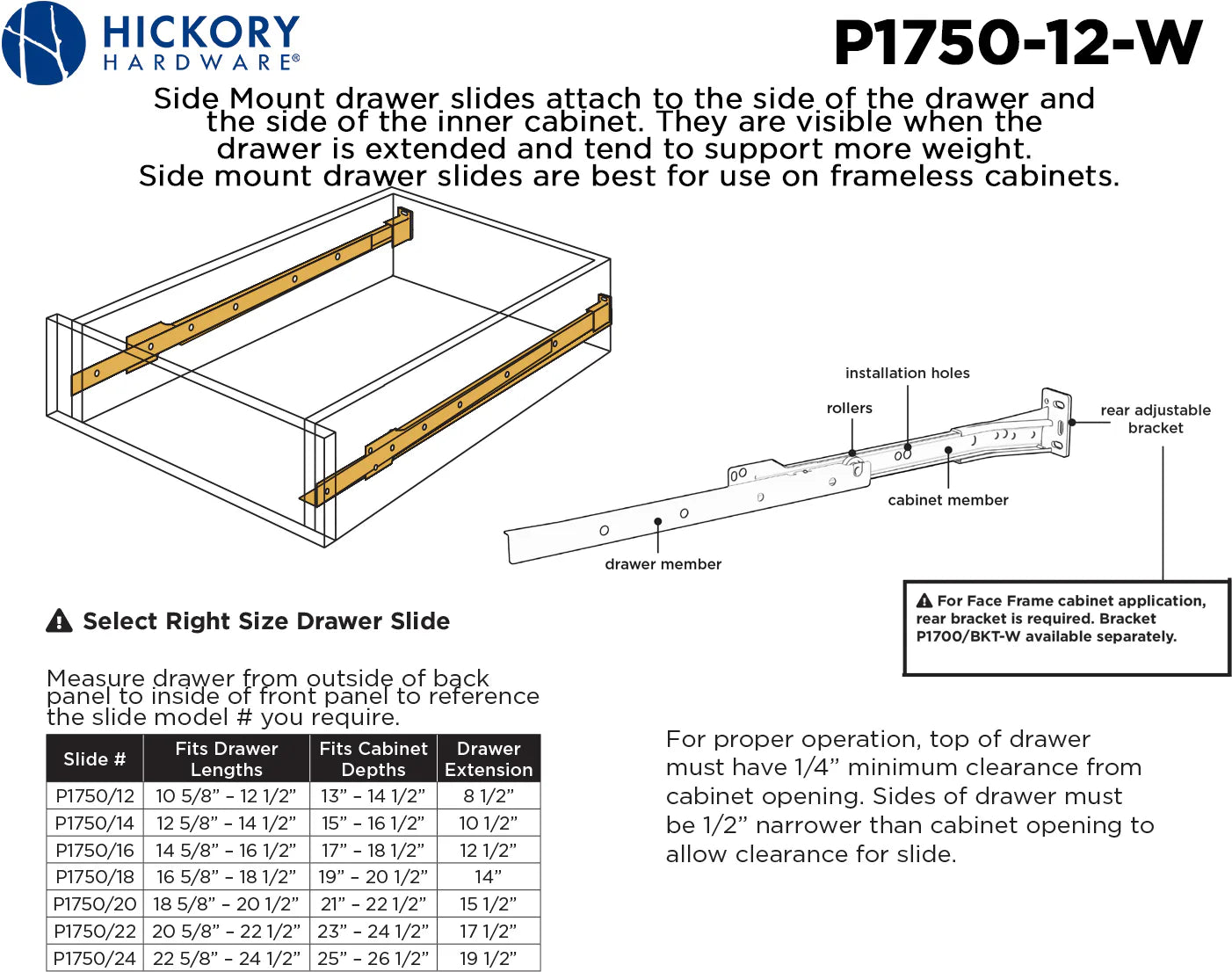 Drawer Slides Drawer Slide Side Mount 3/4 Extension 12'' White Finish P1750/12-W