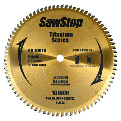 SawStop BTS-P-80HATB2 Titanium Series 10 Inch D x 80T, -5 Deg, 5/8 Bore, Saw Blade
