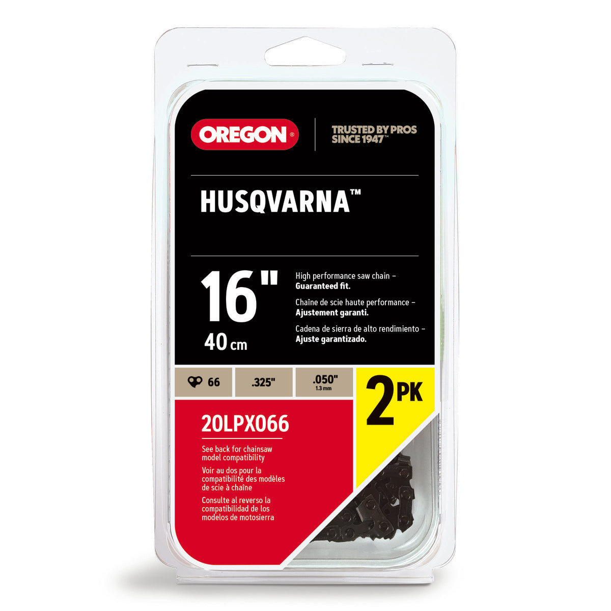 Oregon PowerCut 16" Professional Full Chisel Chainsaw Chain 2-Pack – .325" Pitch, .050" Gauge, 66 Drive Links