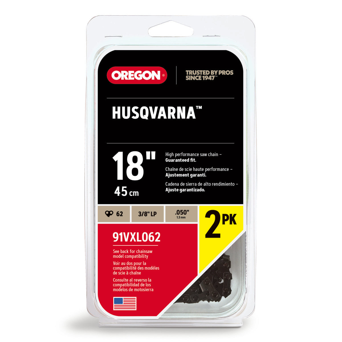 Oregon VersaCut 18" Semi-Chisel Chainsaw Chain 2-Pack – 3/8" Low Profile, .050" Gauge, 62 Drive Links for Echo Chainsaw