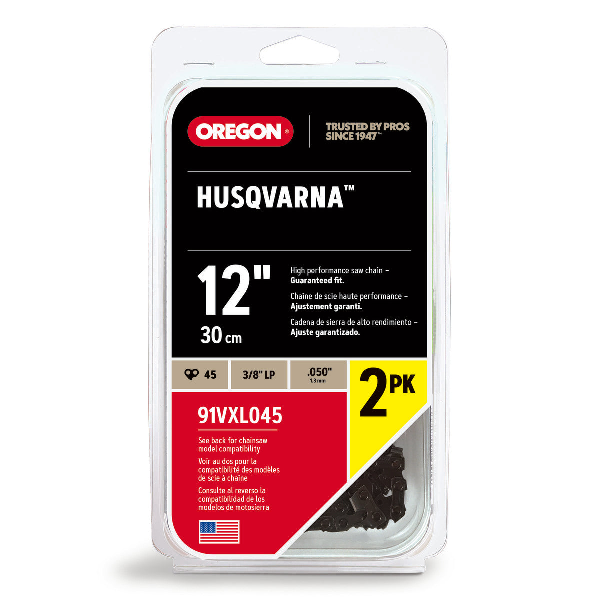 Oregon VersaCut 12" Semi-Chisel Chainsaw Chain 2-Pack – 3/8" Low Profile, .050" Gauge, 45 Drive Links for Echo Chainsaw