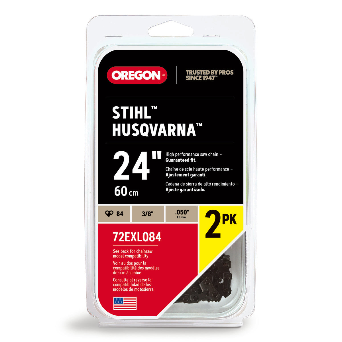 Oregon 24" Professional Full Chisel Chainsaw Chain 2-Pack – 3/8" Pitch, .050" Gauge, 84 Drive Links