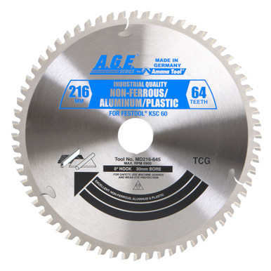 AGE Series MD216-645 For Festool Track Saw Machine Carbide Tipped Aluminum and Plastic Cutting Saw Blade 216mm D x 64 T x TCG, 0 Deg, 30mm Bore